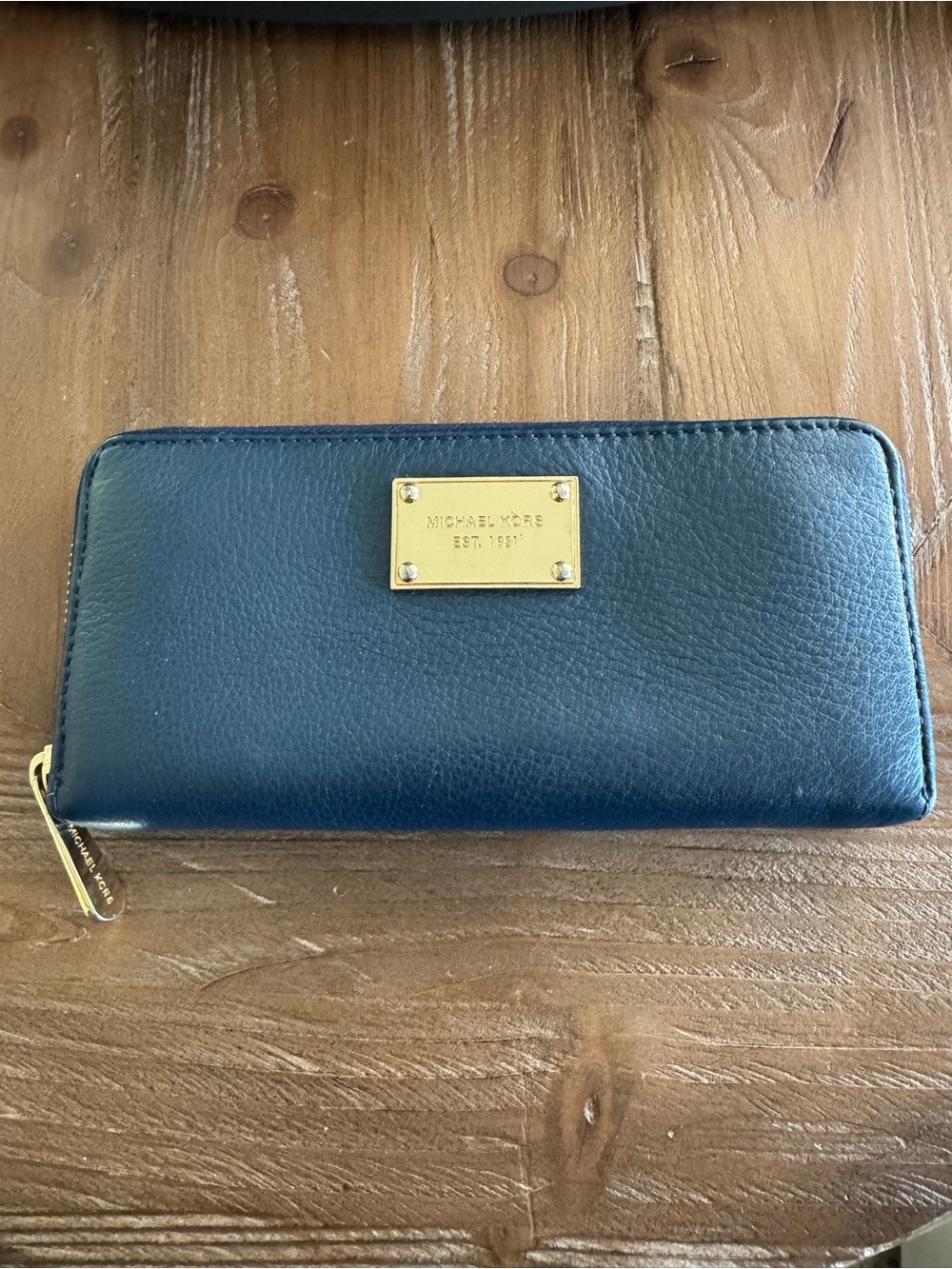 Michael Kors Deep Blue Pebbled Leather Zip Around Wallet with Gold Plate